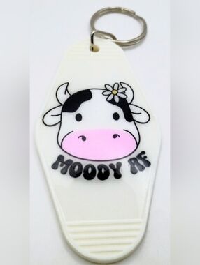 Motel Hotel Retro Styled White Cow Keychain Keyring